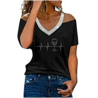 outfmvch маици за жени лето надвор од рамото светла вежба печатење маица со кратки ракави женски врвови црна