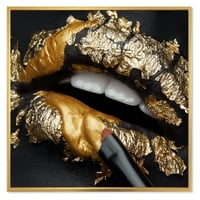 DesignArt 'Femaleенски усни со црна кожа и златна фолија' модерна врамена платна wallидна уметност печатење