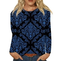 Блузи Со Долги Ракави За Жени Обична Кошула Со О-Врат Блуза Со Печатење Врвови Со Лабава Фит Есенска Кошула